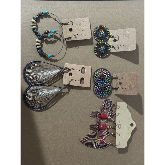 Beonon Vintage Boho Dangle Earrings Set 7 Pairs – Hollow Leaf & Heart Drop - Picture 3 of 3